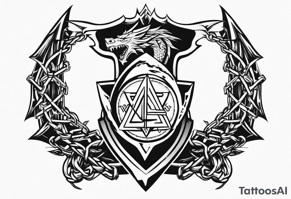 Valhalla sword shield dragon axe Valknut barbed wire chains tattoo idea Valhalla sword shield dragon axe Valknut barbed wire chains tattoo idea