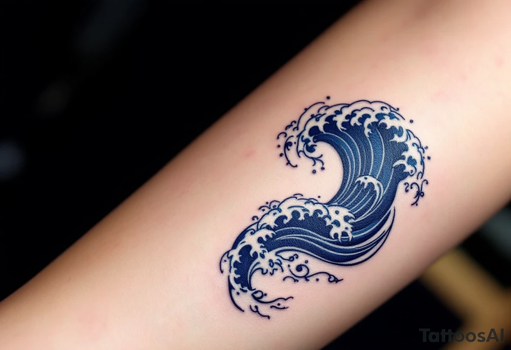 traditional Japanese wave in deep navy with white crests curling into a stylized spiral. tattoo idea