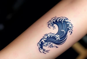 traditional Japanese wave in deep navy with white crests curling into a stylized spiral. tattoo idea