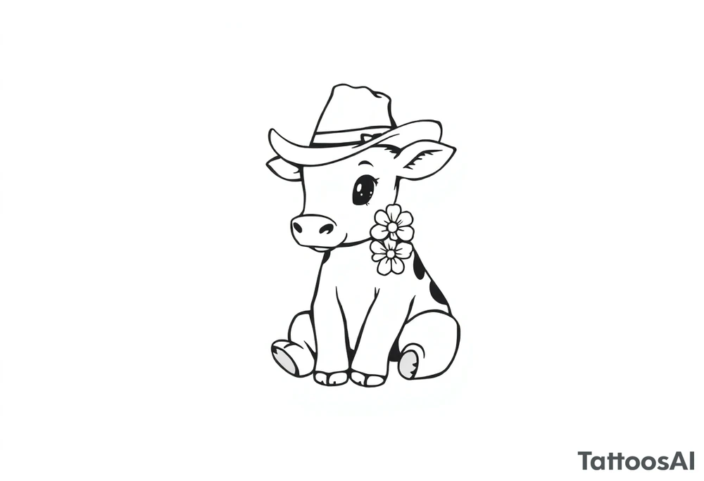 cute black and white baby cow sitting wearing a cowboy hat with a flower in mouth tattoo idea