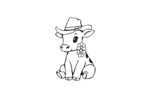 cute black and white baby cow sitting wearing a cowboy hat with a flower in mouth tattoo idea