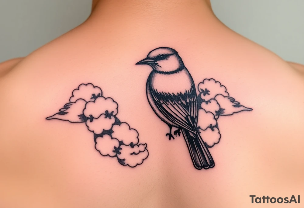 Kentucky bluebird with realistic clouds tattoo idea