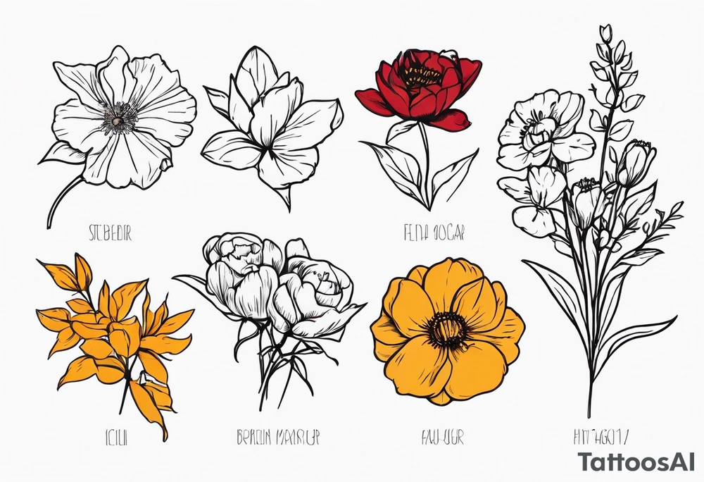 birth flower hand held bouquet with February March August August and October birth flowers tattoo idea
