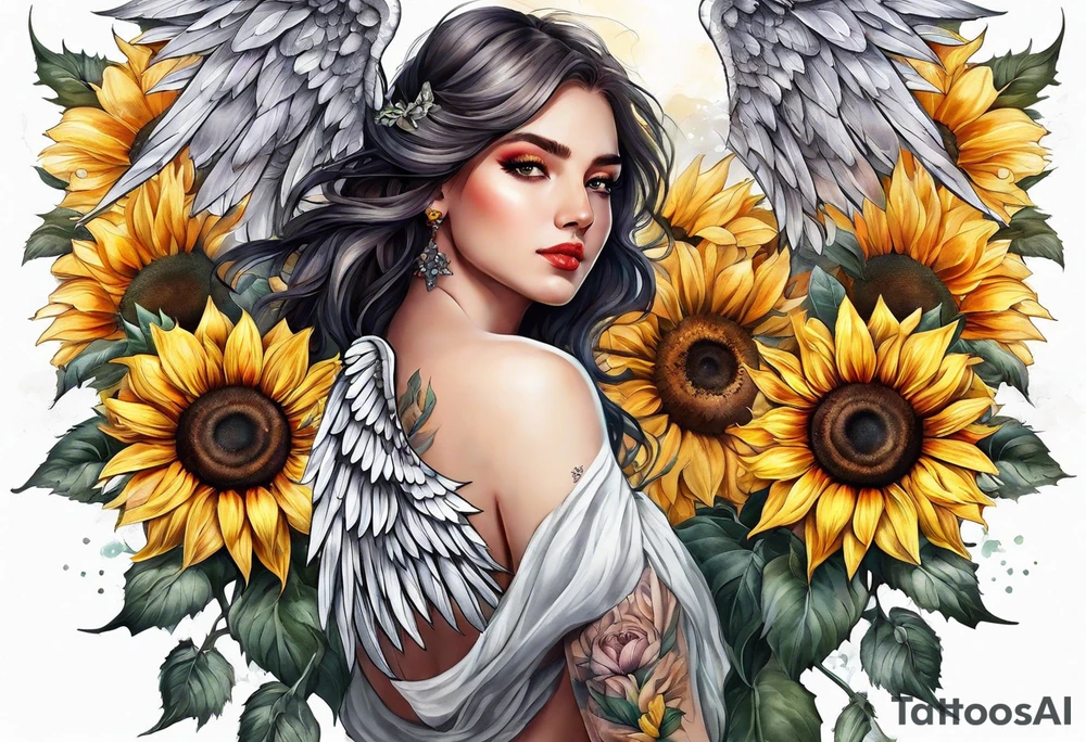 Sunflower and angel wings sleeve tattoo idea