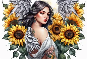 Sunflower and angel wings sleeve tattoo idea