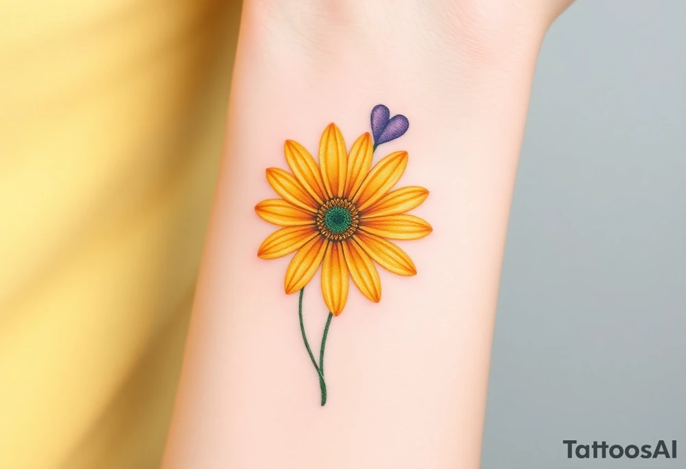 Yellow daisy flower with Purple Hearts tattoo idea