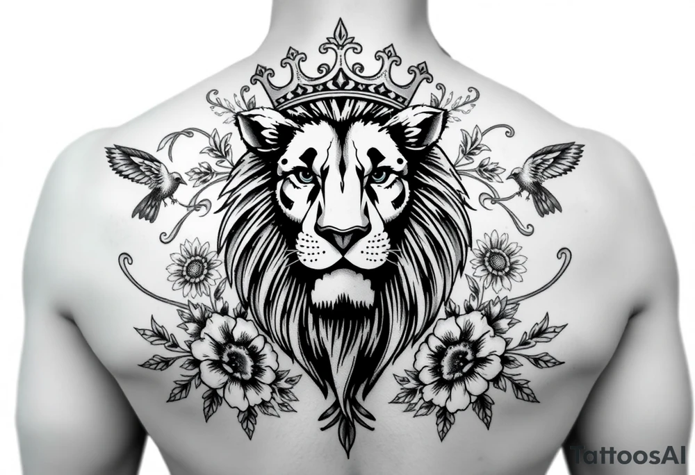 powerful majestic lion with a crown, surrounded by floral ornaments and birds tattoo idea