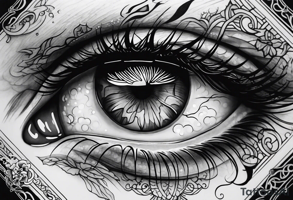 Realistic eye crying tears of tragedy death and betrayal tattoo idea