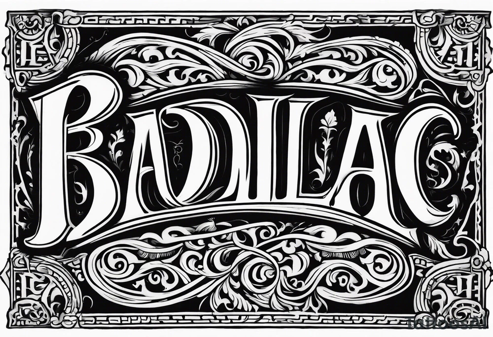 The word "BADILLAC" in medival engraving font tattoo idea