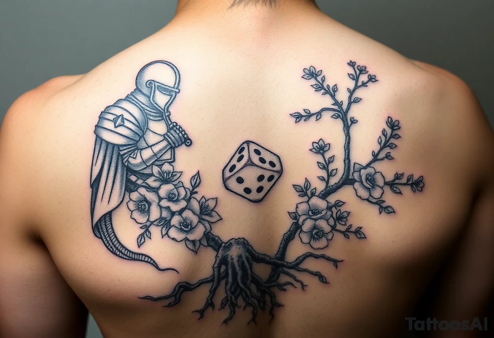 knight and squid intertwined with climbing roses and tree roots with cherry blossoms rolling dice tattoo idea