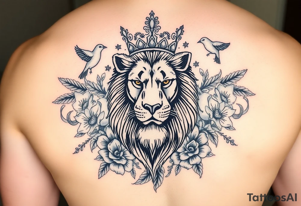 powerful majestic lion with a crown, surrounded by floral ornaments and birds tattoo idea