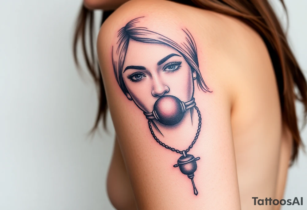 A tattoo depicting a naked woman bound and gagged with a ball gag in her mouth tattoo idea