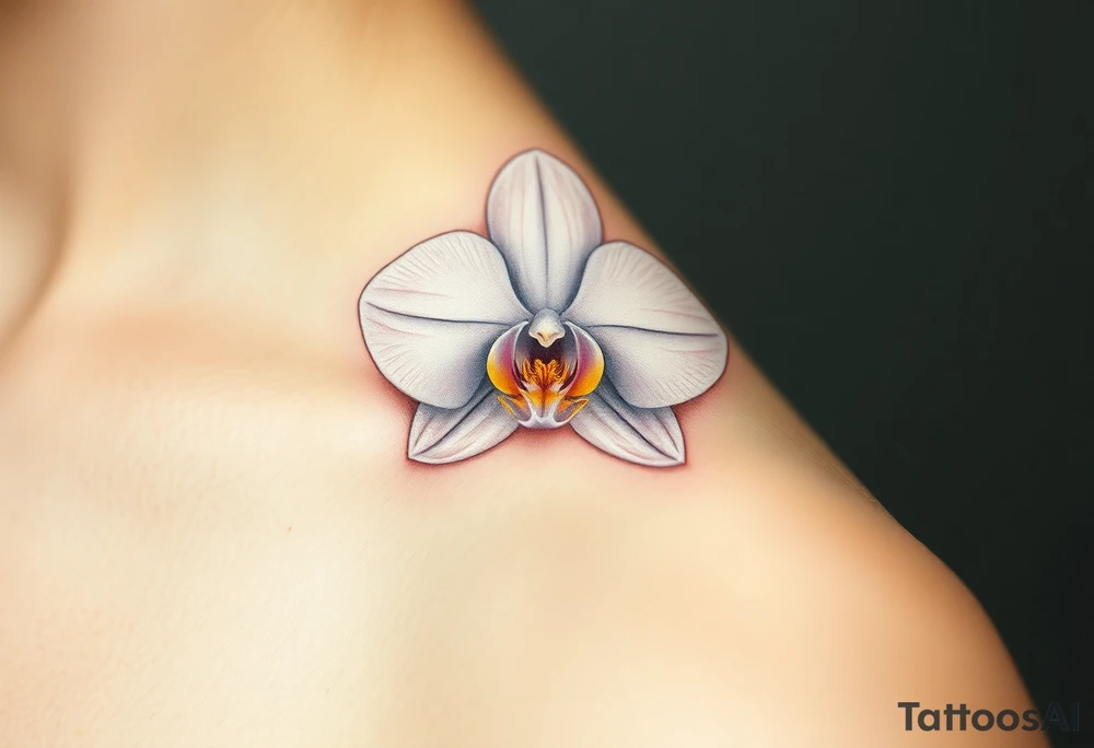 A single white orchid in full bloom, surrounded by subtle golden highlights, representing purity and elegance tattoo idea