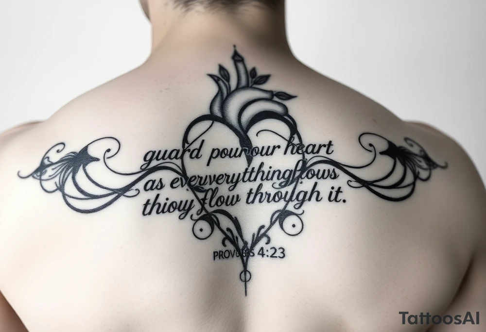 I want a tattoo with the Bible verse proverbs 4:23. The verse says “guard your heart as everything flows through it. Give me a smaller tattoo and somewhere on my arm tattoo idea