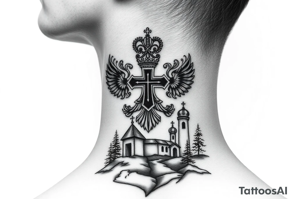 russian coat arms in a russian christian orthodox cross with the cross in the middle with a virgin mary & orthodox dome church on the side of the neck in a wilderness setting tattoo idea