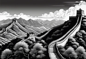 Great Chinese wall, realistic, art, gezeichnet, fine line, black and grey, sky tattoo idea