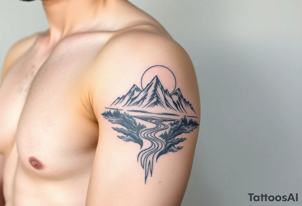 mountains with river and sunset upper arm tattoo tattoo idea