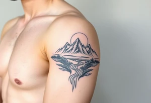 mountains with river and sunset upper arm tattoo tattoo idea