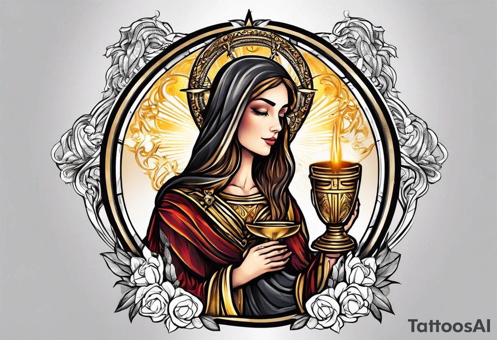 woman saint holding chalice surrounded by golden halo tattoo idea