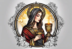 woman saint holding chalice surrounded by golden halo tattoo idea