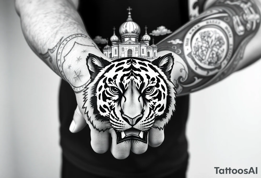 Realistic tiger face on the back of the hand with its eyes ALL black and no pupils, sitting beneath a Russian Orthodox cathedral sitting above on the top fore arm with onion domes and orthodox crosses. with clouds above and a virgin mary tattoo idea