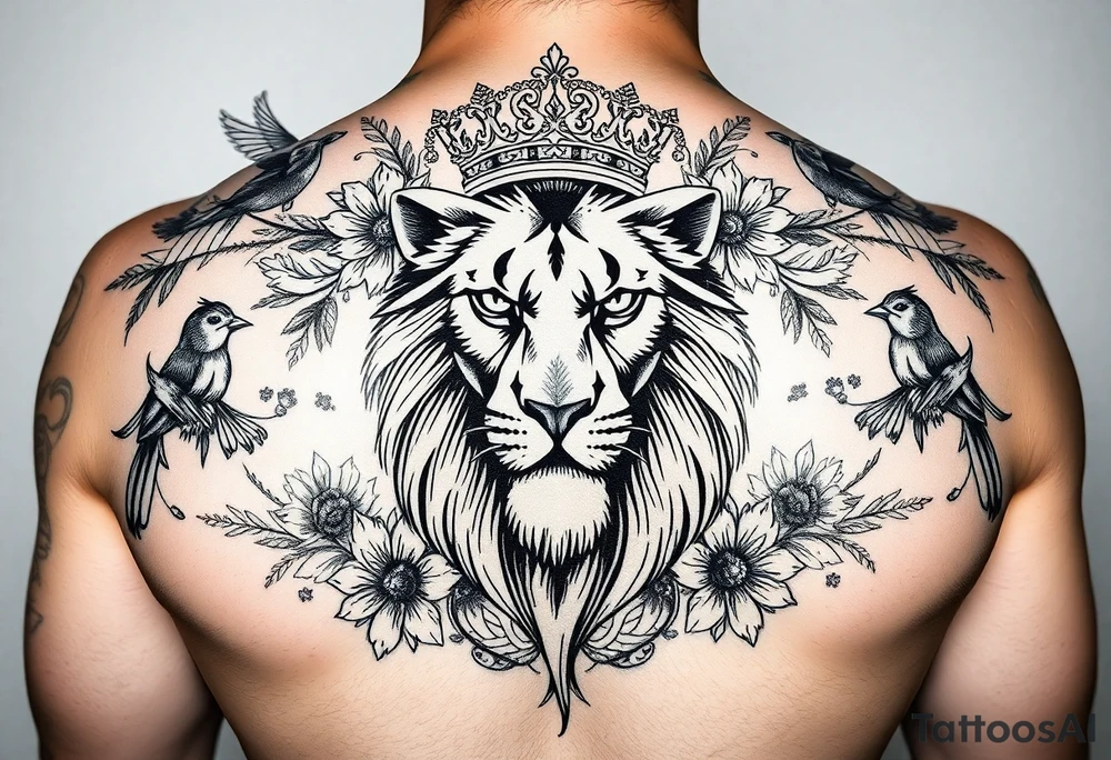 powerful majestic lion with a crown, surrounded by floral ornaments and birds tattoo idea