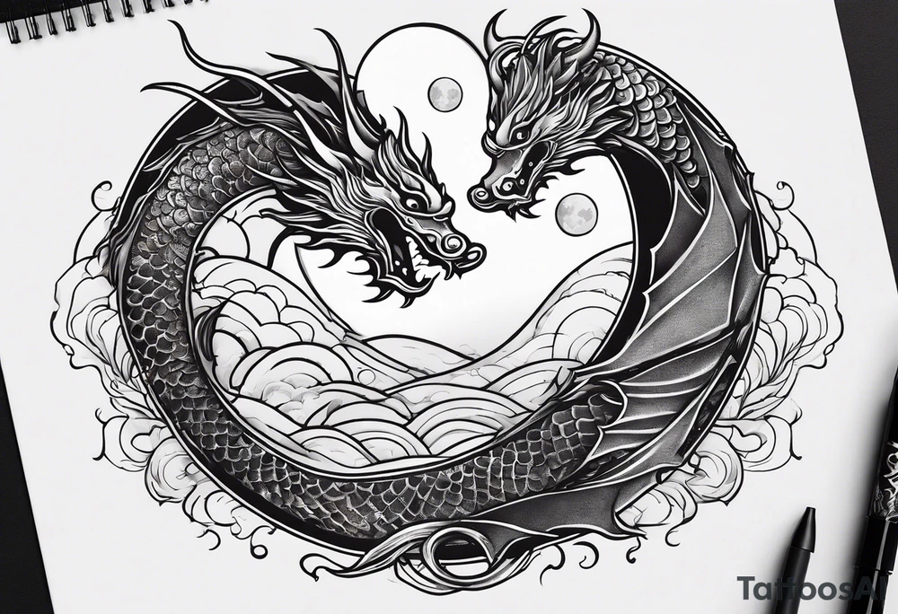 Small simple dragons fying over crescent moon which is on top of abstract ocean surface and 1 japanese koi fish with abstract smoke, and whole tattoo has a trippy feel tattoo idea