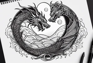 Small simple dragons fying over crescent moon which is on top of abstract ocean surface and 1 japanese koi fish with abstract smoke, and whole tattoo has a trippy feel tattoo idea