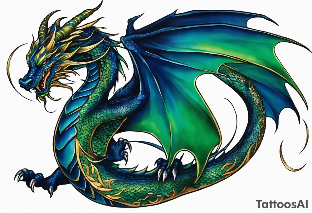 Realist Tattoo: An epic with no wings floating. Its body coiling dynamically, with scales and horns detailed to create a sense of movement and strength. The dragon's main color is dark blue but features accents in green, blue, and gold, giving a vibrant depth and a mystical aura. This tattoo highlights the dragon’s fierce expression and sharp claws as it wraps protectively around the leg. Style: Realism tattoo idea