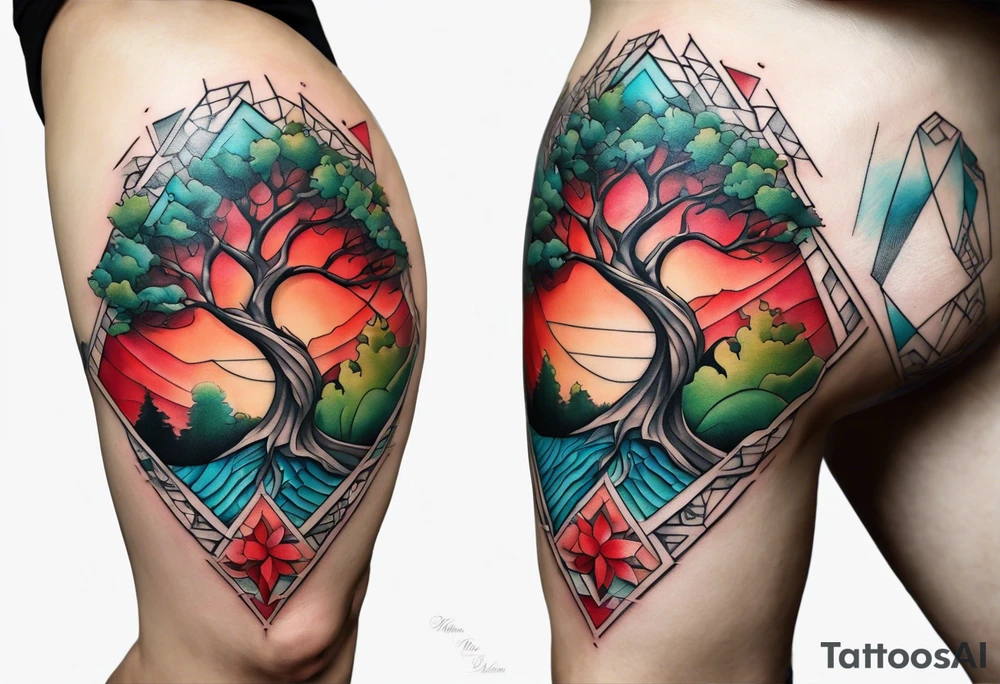 geometric style tattoo on knee with baby blue, red, and green accents. tree tattoo idea