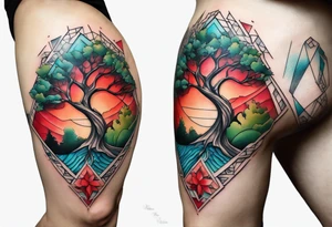 geometric style tattoo on knee with baby blue, red, and green accents. tree tattoo idea