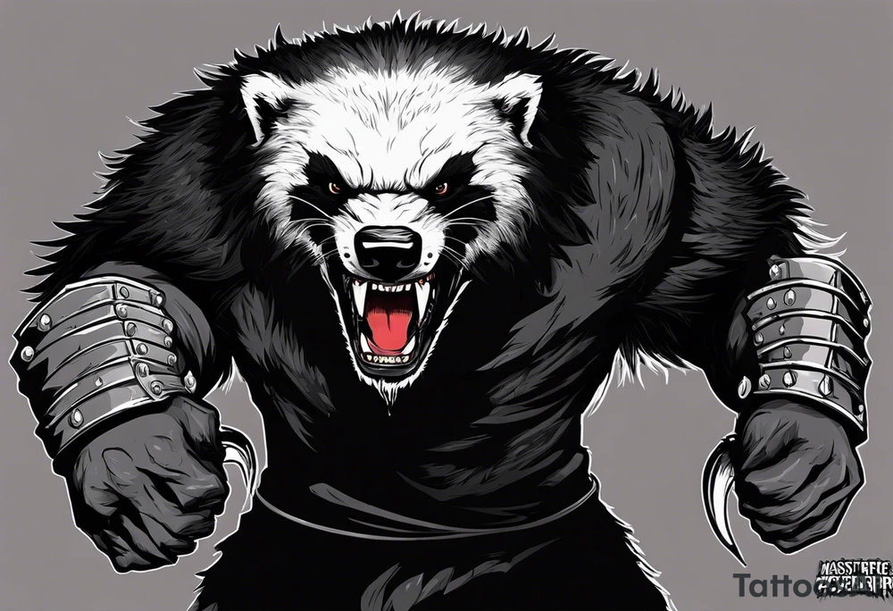 Draw me psychopath Fearless Honey Badger/Berserker with aggressive full body, killer face with a scary smile, very long nails and he attacks like a Bloody Assassin/Warrior/Gladiator to us and also, he has very deadly looking. He fights with his nails only. Everybody scares after their first sight. Give me horror type Badger Tattoo. I want to see his Realistic full body with no weapons. You can show destruction at the back. tattoo idea