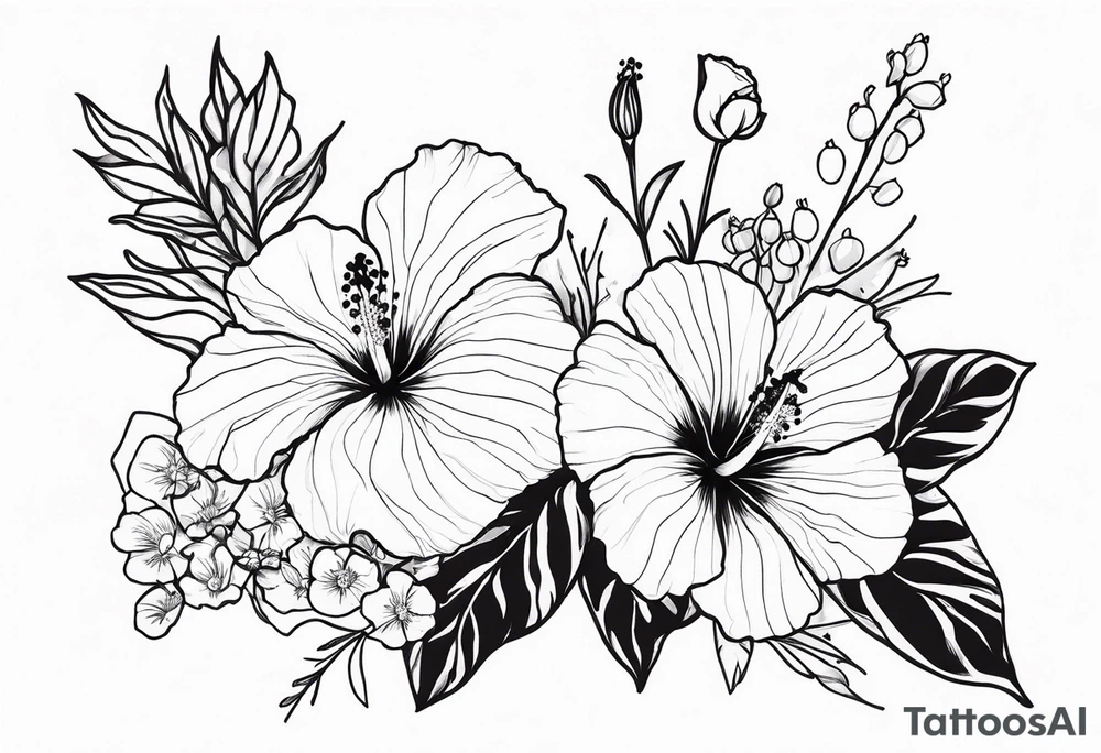 Hibiscus with wildflowers, poppy, complimentary flowers tattoo idea