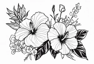 Hibiscus with wildflowers, poppy, complimentary flowers tattoo idea