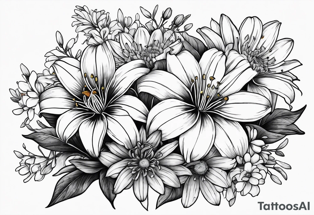 Bouquet of lilies, marigolds, cosmos, and asters tattoo idea