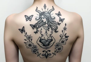 Taurus goddess with earth in her hands and butterflies and flowers all around her tattoo idea