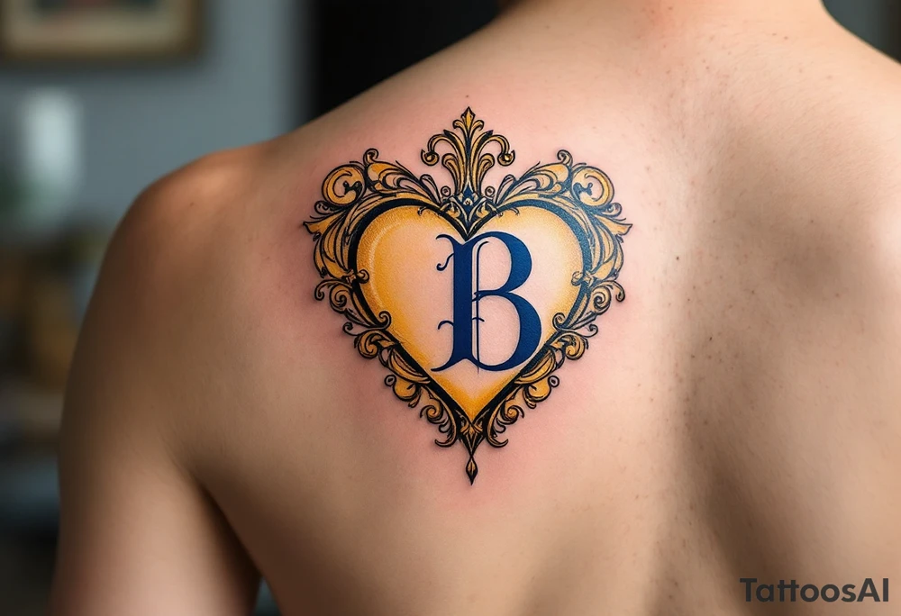 A golden heart with filigree swirls and a deep blue letter "B", evoking a royal and elegant feel. tattoo idea