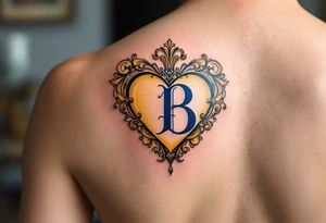 A golden heart with filigree swirls and a deep blue letter "B", evoking a royal and elegant feel. tattoo idea