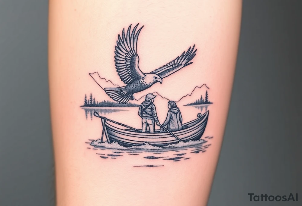 Northern scenic river with fishing boat with two with eagle flying in the sky and women and girl sitting on doc back facing tattoo idea