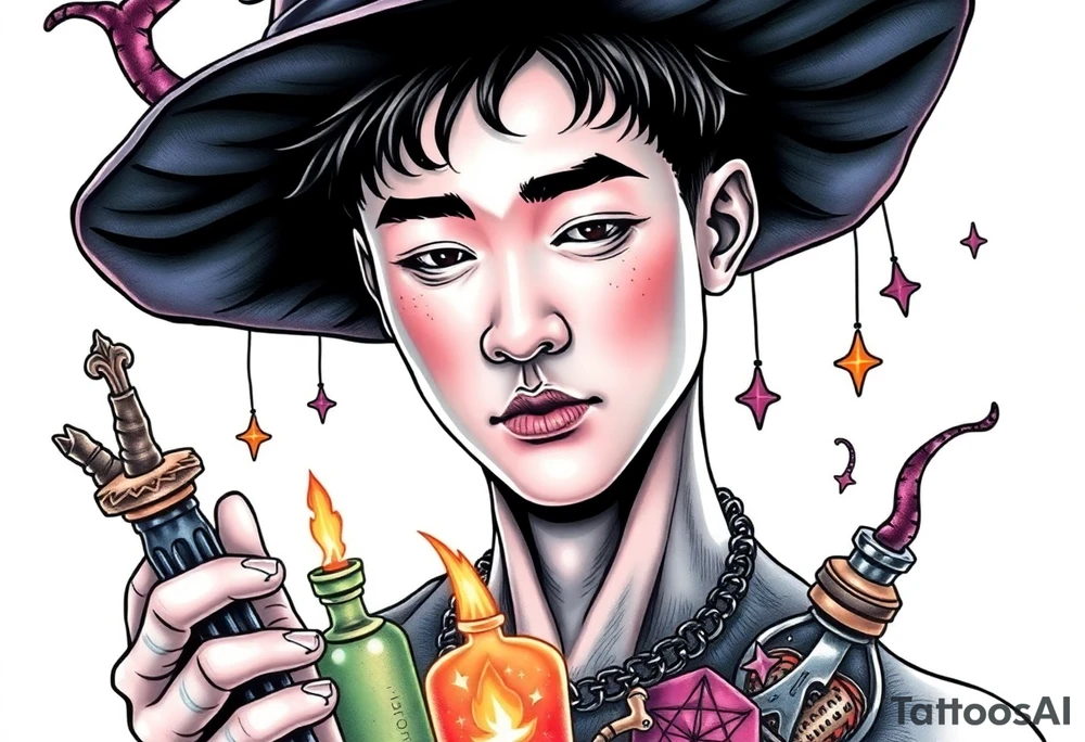 Handsome Asian young adult guy is  accidentally stumbled upon witch tools, supplies, artifacts, potions and exploring it curiously tattoo idea