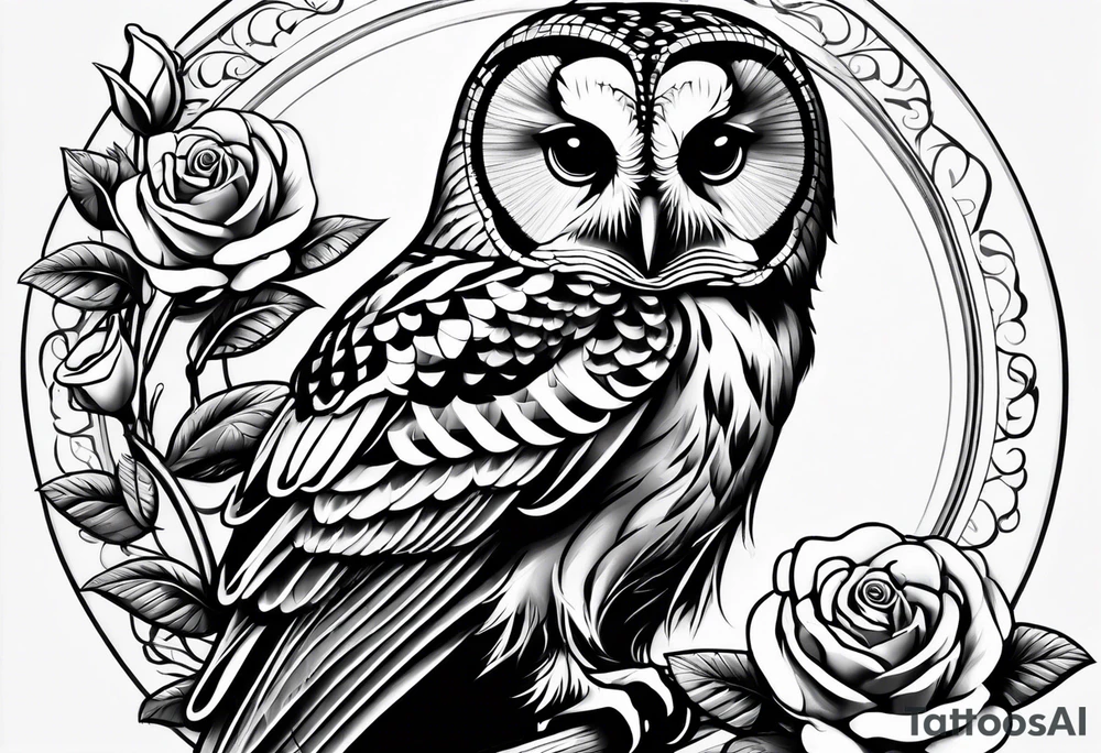Barred owl with a single rose tattoo idea