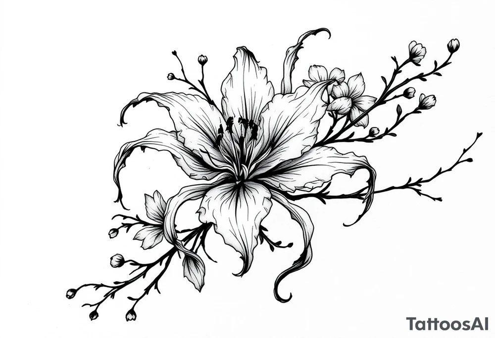 the flower spider lily from demon slayer and add cherry blossoms wrapped around upper arm tattoo idea