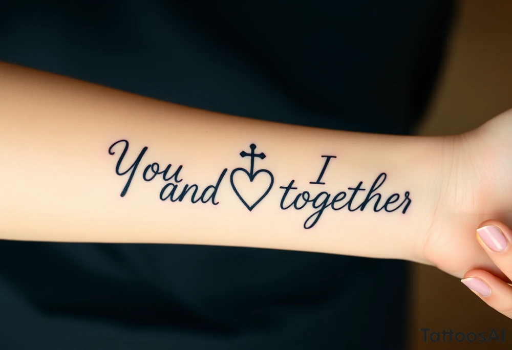 "You and I together" with a cross, and a heart integrated into the design tattoo idea