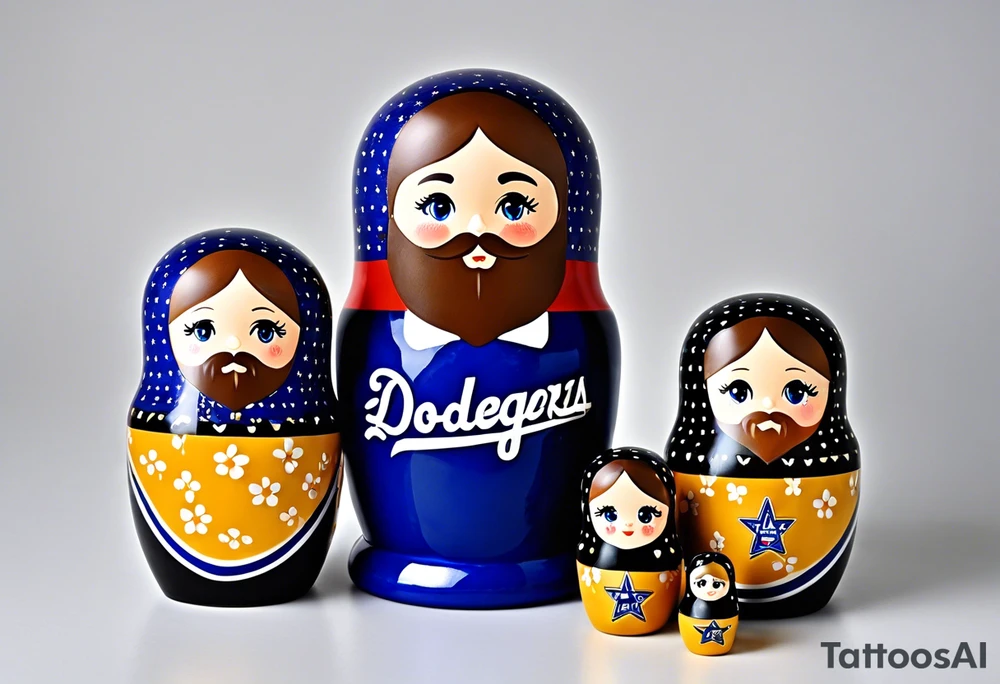 Matryoshka doll family of 4. Each separate doll is designed based on their individual description. Father (biggest doll) has full beard, blue eyes, short brown hair, loves LA Dodgers. Mother (second biggest doll) has blonde bob length hair, no beard, blue eyes, thick rimmed black glasses, loves leopard print. Son is 4 years old, blue eyes, blonde spiky hair, loves Paw Patrol. Daughter is 2 years old, blue eyes, long eyelashes, short light brown bob, loves Bluey. tattoo idea