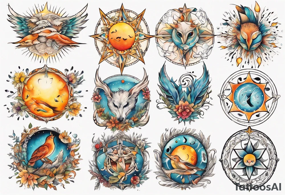 fisch, fuchs und eule , symetrie  sonne, universum, bunt, " sapere aude" tattoo idea