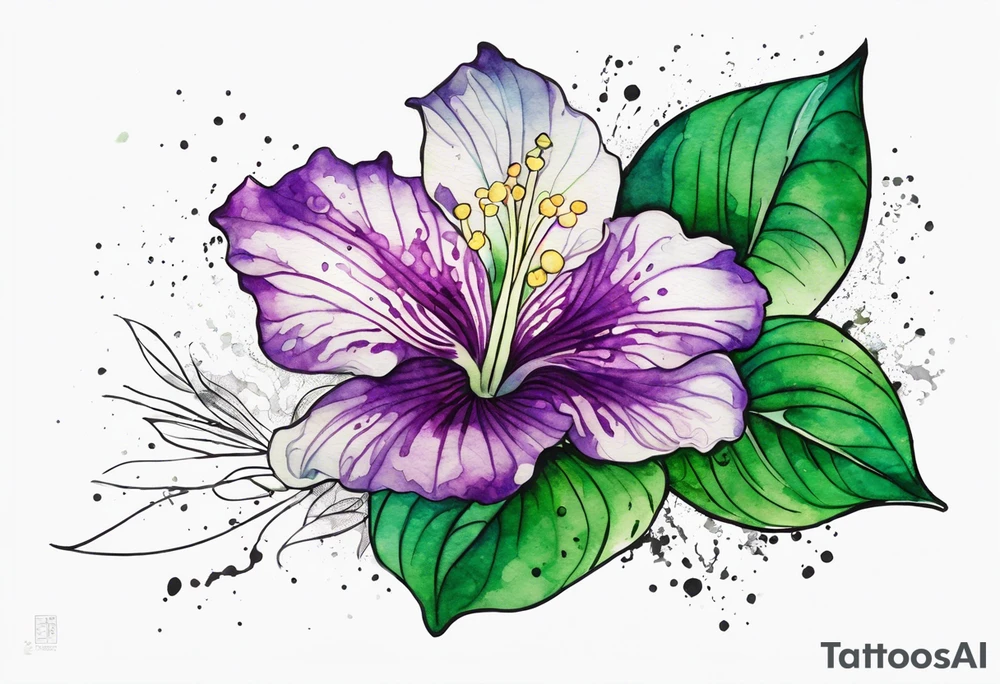 An outline of a green rio dipladenia flower and a green/purple watercolor splash in the background tattoo idea