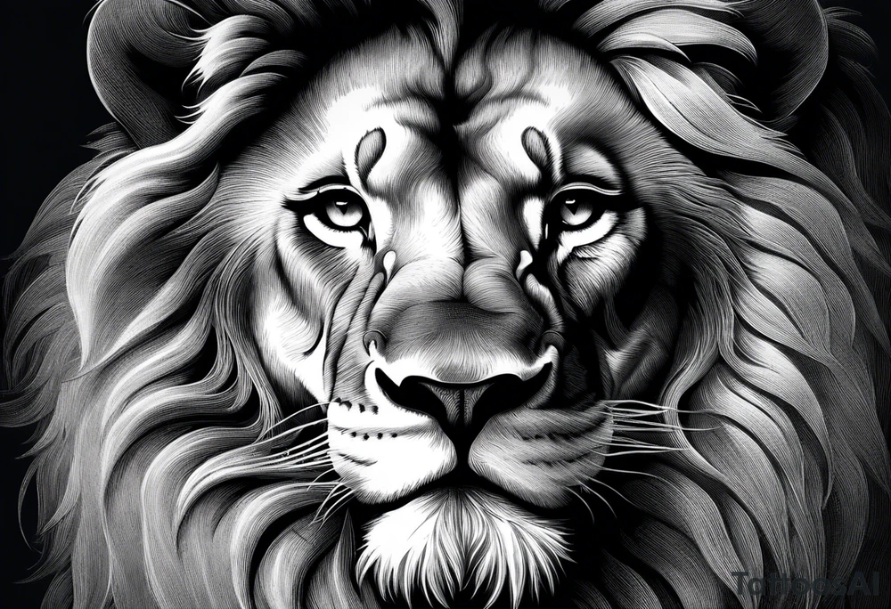 A roaring lion’s face with a flowing mane, emphasizing strength and courage, detailed fur textures tattoo idea