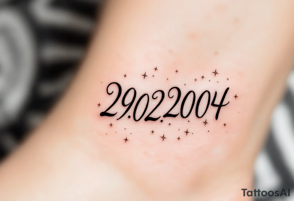 Hand-drawn date 29.02.2004 in a faded graphite tone with small stars scattered around it. tattoo idea