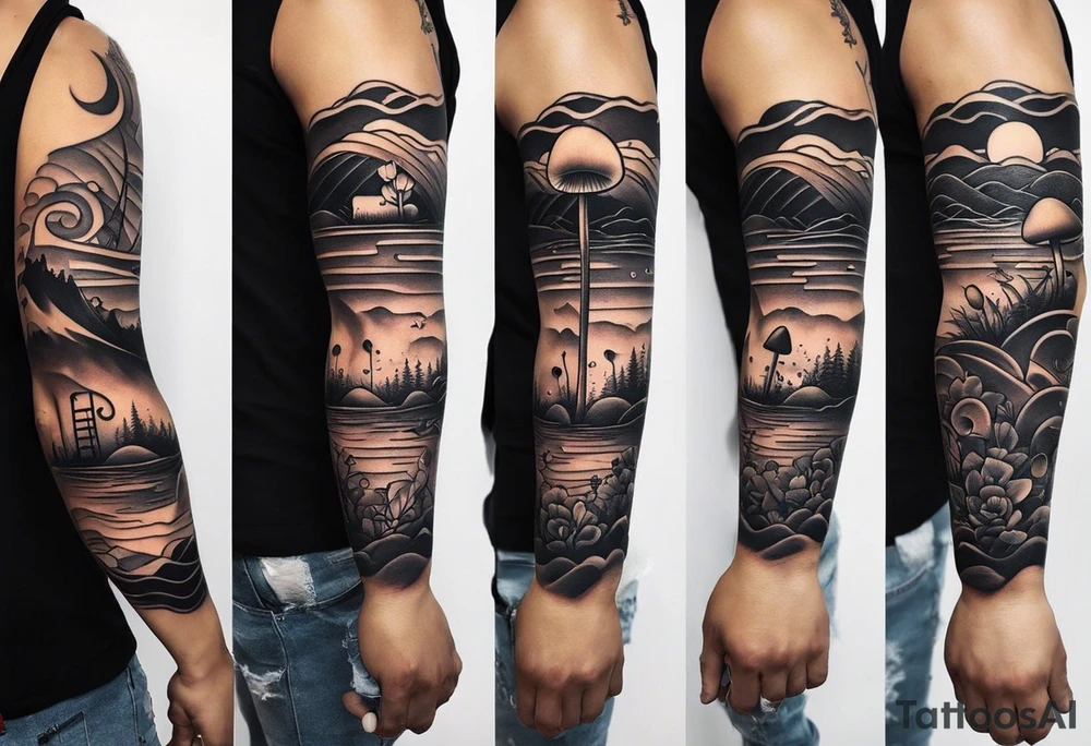 a simple line of icons down the back of the arm. there are four icons in this order:

1. a music note on a staff
2. a wave of water
3. a pocket
4. mushroom tattoo idea