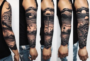a simple line of icons down the back of the arm. there are four icons in this order:

1. a music note on a staff
2. a wave of water
3. a pocket
4. mushroom tattoo idea